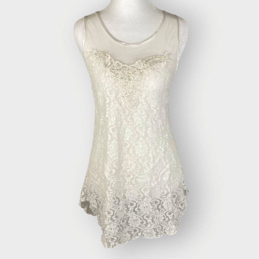 Vtg Teddy Slip Dress | White | Sheer Mesh Lace Sequin | Angelcore Coquette - Picture 1 of 8